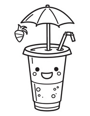 Kawaii Summer Drink with Umbrella and Strawberry - Cute Beverage Coloring Page