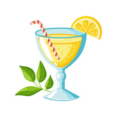 Lemonade in Glass with Lemon Slice and green leaf