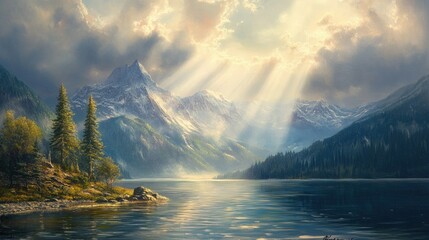 Tranquil lake scene with sunbeams piercing clouds after rain