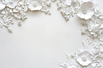 Elegant white floral frame background with 3d embossed flowers
