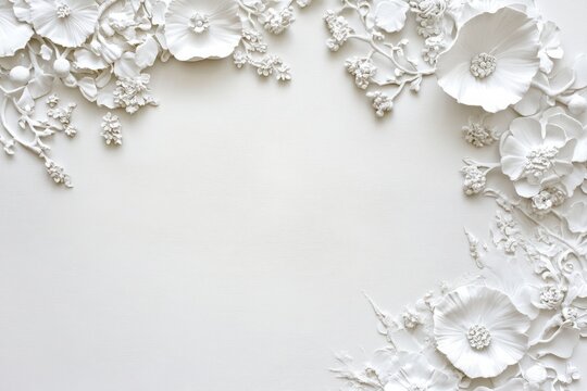 Elegant white floral frame background with 3d embossed flowers