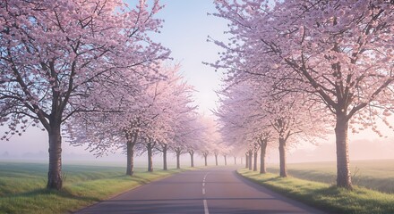 Obraz premium Peaceful Countryside Road with Blooming Cherry Blossoms in Morning Light Generative Ai