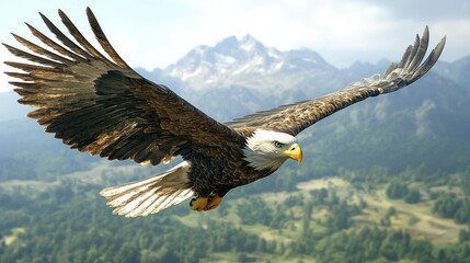 Obraz premium Bald eagle in flight above mountain landscape