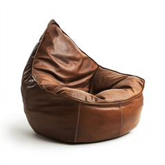 A brown leather beanbag chair isolated on a white background in a setting