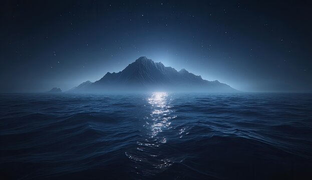 Misty mountain, moonlit sea