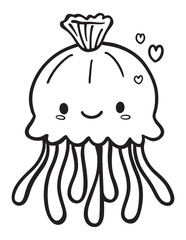 Cute Smiling Jellyfish with Hearts - Kawaii Sea Animal Coloring Page