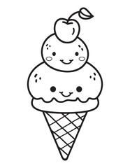 Kawaii Ice Cream Cone with Smiley Face - Summer Coloring Page