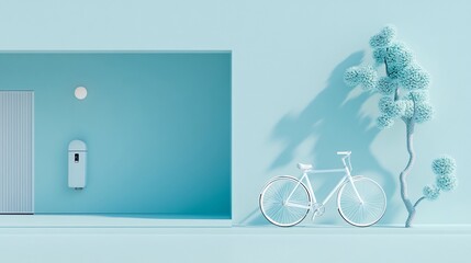 Minimalist scene a white bicycle rests beside a stylized tree against a light blue wall with a recessed entryway