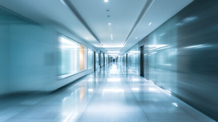 Minimalist medical corridor with abstract blur, conveying serenity and modern efficiency in healthcare spaces.