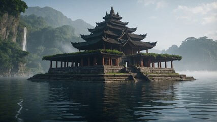 Serene Temple on a Misty Lake A Digital Painting of Tranquil Asian Architecture