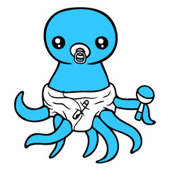 Octopus baby rattle diaper pacifier child born fun Isolated Vector Graphic Design Illustration
