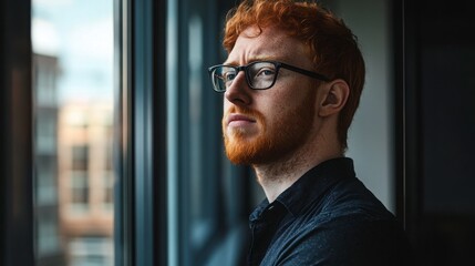 Fototapeta premium Portrait Of A Thoughtful Young Man With Red Hair And Freckles Looking Out A Window At A City