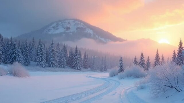 Winter Landscape with Foggy Mountain Sunset