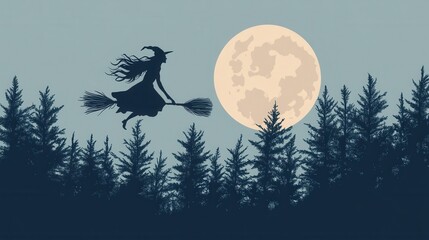 Silhouette of a witch flying on a broomstick in front of a full moon over a forest of pine trees. Halloween themed background illustration.