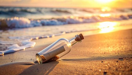 Glass bottle with message on sandy beach at sunset by the ocean waves
