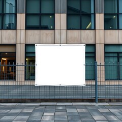 Blank white banner for advertisement on the fence of the office building billboard blank mockup display empty poster advertising