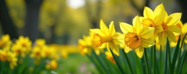 Fototapeta premium Clusters of daffodils in a lush spring garden, landscape, flower photography