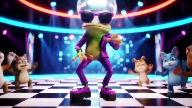 Frog in sunglasses dances with animals. Vibrant and fun, ideal for childrens educational materials, party invitations, and whimsical designs.