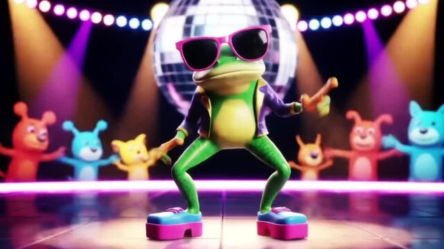 Frog in sunglasses dances with animals. Vibrant and fun, ideal for childrens educational materials, party invitations, and whimsical designs.