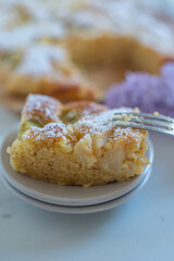 Freshly baked rhubarb crumble cake pieces on plate