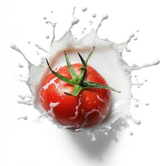 Red Tomato In Milk Splash, Closeup Studio Shot with Fresh Produce