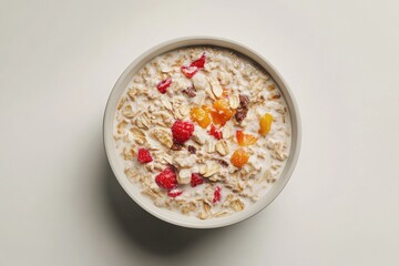 Creamy oatmeal in a bowl, topped with raspberries, dried apricots, and other dried fruits