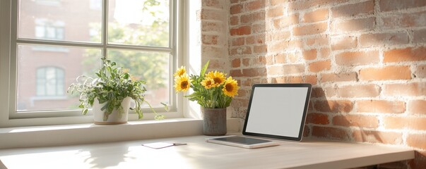 Sunlit workspace with tablet plants and brick wall for creative productivity and home office concepts