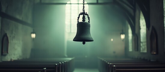 Obraz premium Ancient Church Bell Hanging in Misty Sanctuary