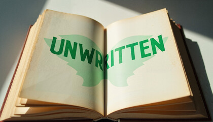 Bold typographic minimalism featuring an open book with the word 'UNWRITTEN'