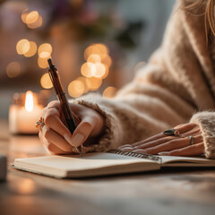 Woman writing in notebook cozy winter evening warm lights