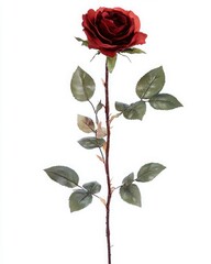 Single Dark Red Artificial Rose With Green Leaves On White Background