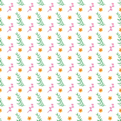 Seamless Pattern With Colorful Floral Motifs and Leaves on a White Background