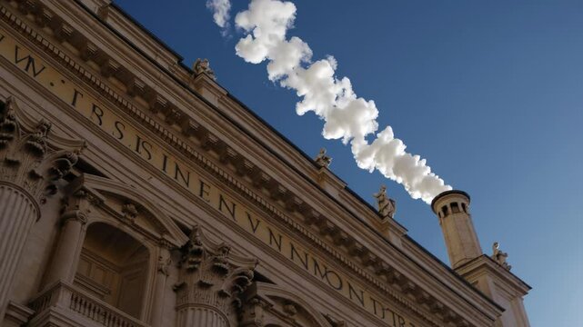 White smoke billowing from chimney, indicating selection during conclave moment