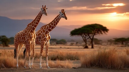 Giraffes sunset savanna landscape