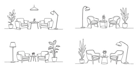 Line art illustration of a modern living room setup with armchairs, a lamp, a small table, and a plant, perfect for interior design and home decor-related projects.