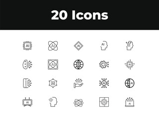Artificial intelligence line icon set. Set of outline icons related to virtual assistant, generative AI, robotic, data science and others. Vector illustration.