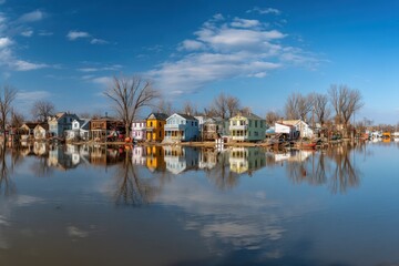 Fototapeta premium Flood affected houses reflected in calm water