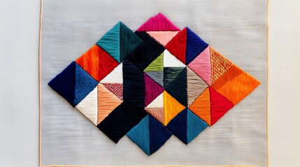 Vibrant Geometric Textile Art: Colorful Diamond Patchwork with Textured Stitches

