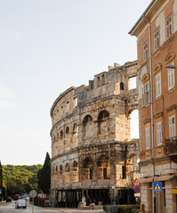 A wall fragment of ancient Roman amphitheater in Pula, Croatia