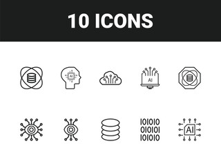 Artificial intelligence line icon set. Set of outline icons related to virtual assistant, generative AI, robotic, data science and others. Vector illustration.