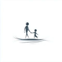 Fototapeta premium A stark black-and-white line art of a parent and child holding hands, surrounded by abstract ripples. The child’s figure is smaller and partially submerged in stylized water waves.