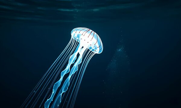 A stunning underwater scene showcases a jellyfish, with brilliant blue light. Its translucent body glows in the dimness, and long tentacles gently undulate. Bubbles drift around this deep-sea creature - Powered by Adobe