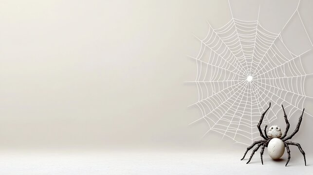 Halloween spider web background. A spider with intricate web on light beige backdrop