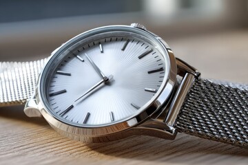 Close-up of a sleek quartz wristwatch with a clean minimalist dial featuring simple hour markers and slim hands