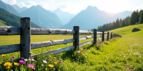 Rustic wooden fence bordering a vibrant meadow with wildflowers in a sunlit mountainous landscape