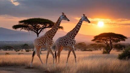 Giraffes walking across golden savanna at sunset