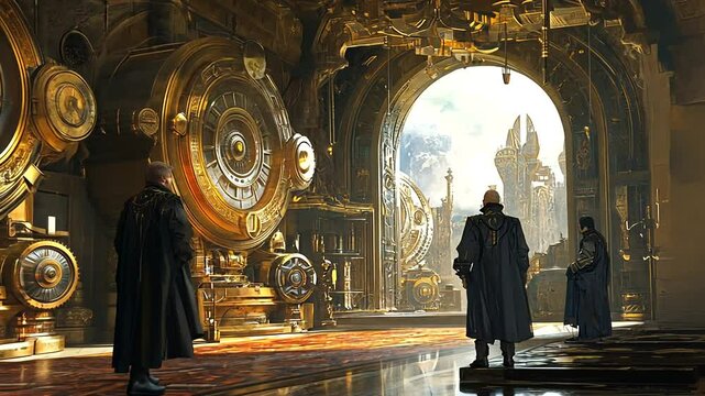 Three figures in cloaks explore a grand, steampunk-inspired room filled with intricate machinery