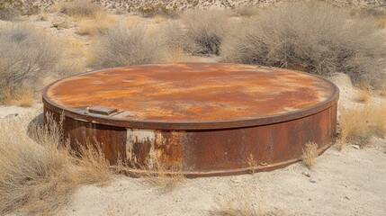Fototapeta premium Rusty metal circle on sandy ground