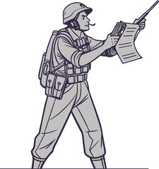 Illustration of Military Soldier Using Radio While Holding Map - Precision and Strategy in Tactical Combat Communication Design