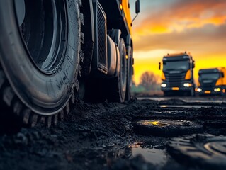 Heavy trucks in muddy field at sunset
